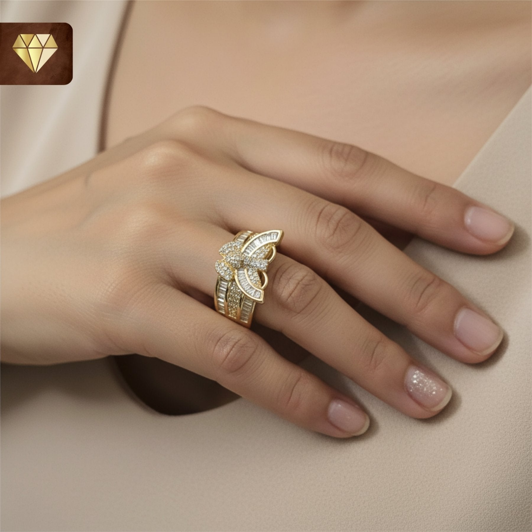 Gold-plated butterfly designer finger ring with baguette and pave AD (American Diamond) CZ stones for women