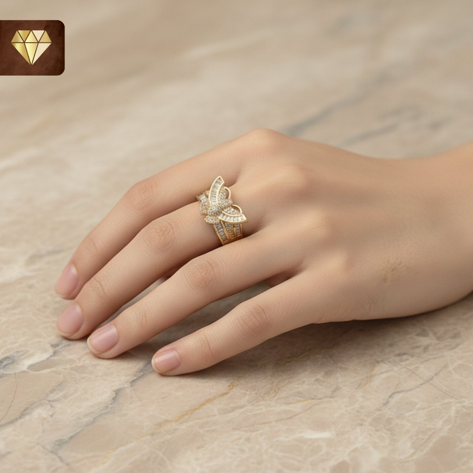 Gold-plated butterfly designer finger ring with baguette and pave AD (American Diamond) CZ stones for women