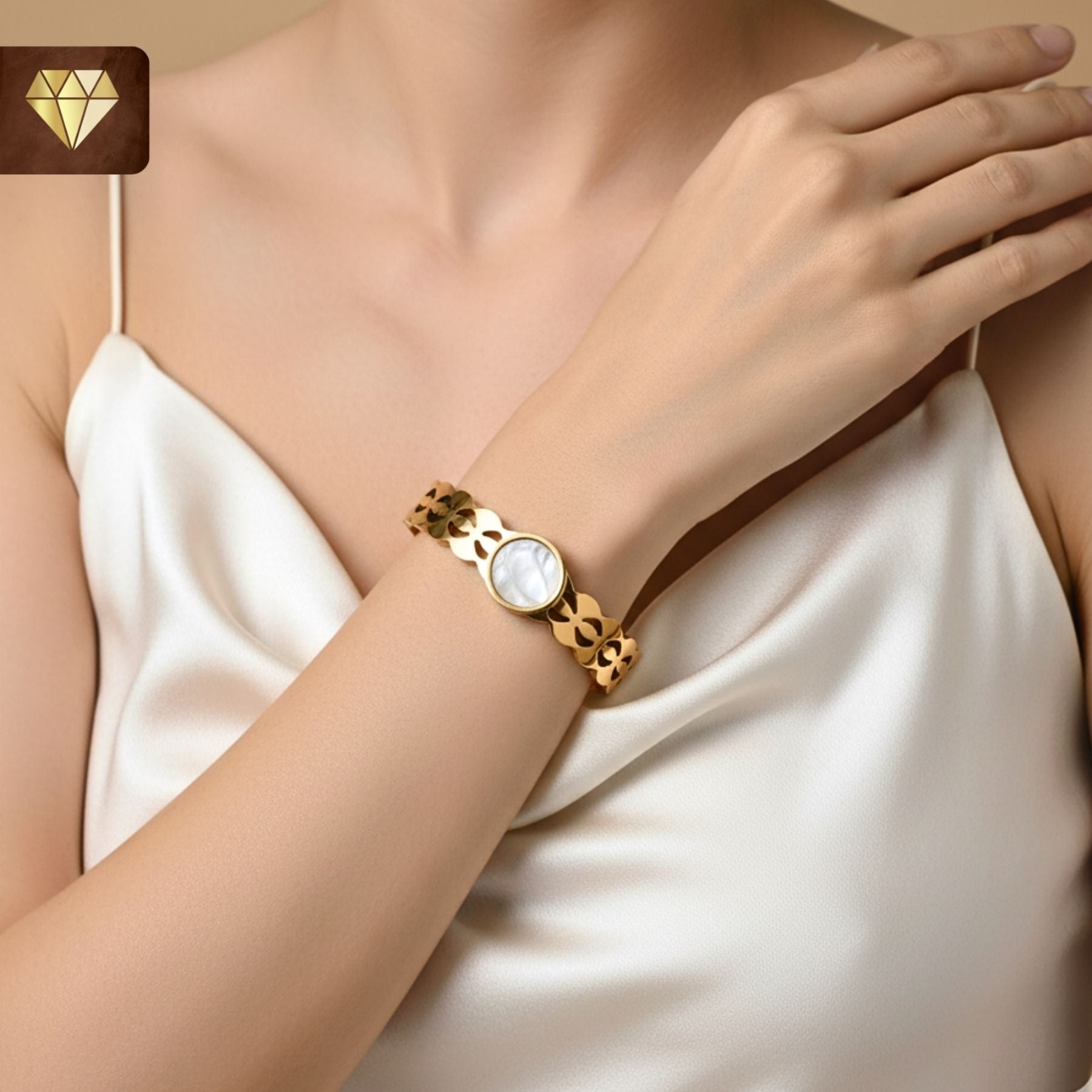 Gold-plated designer cutwork kada bracelet with Mother of Pearl centerpiece for women