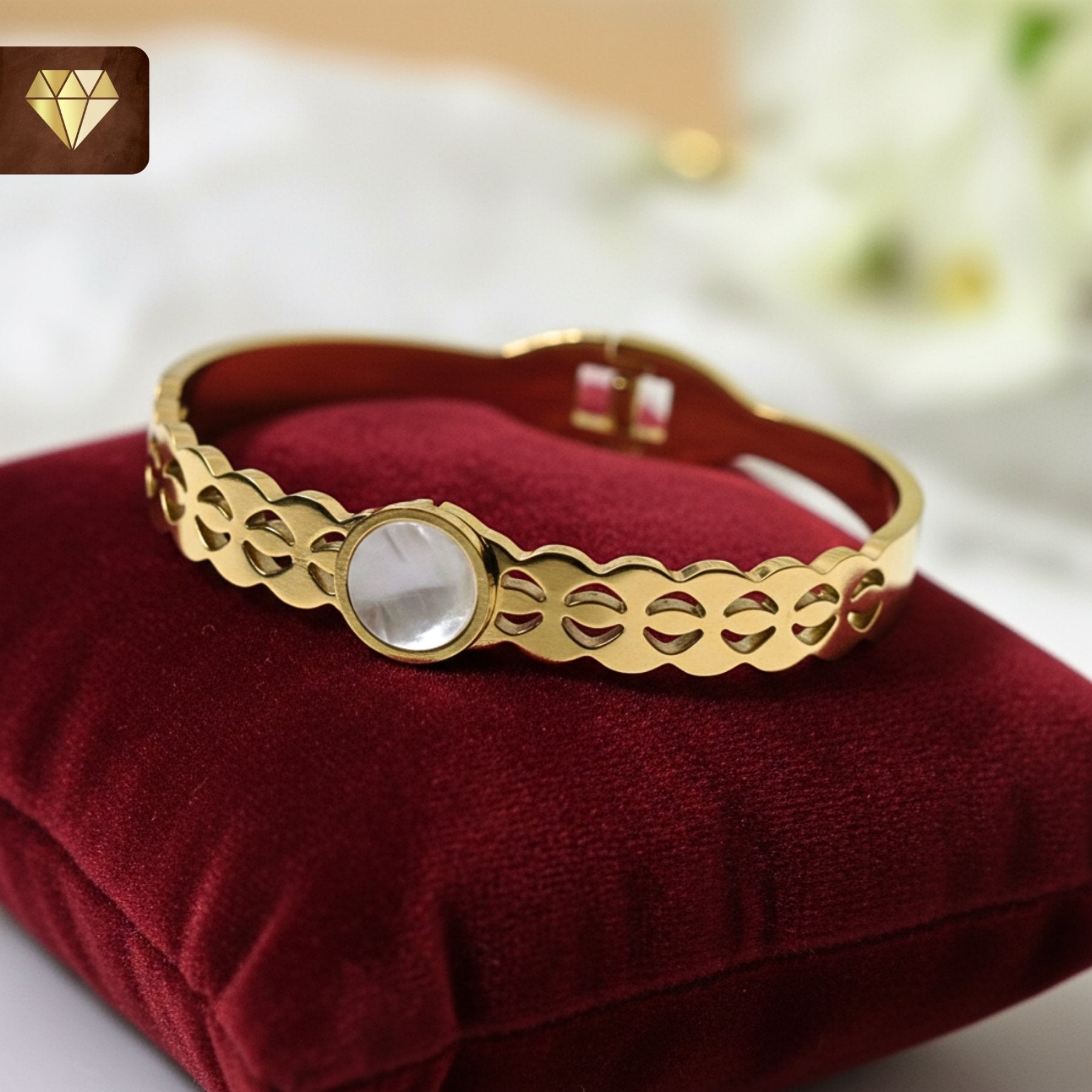 Gold-plated designer cutwork kada bracelet with Mother of Pearl centerpiece for women
