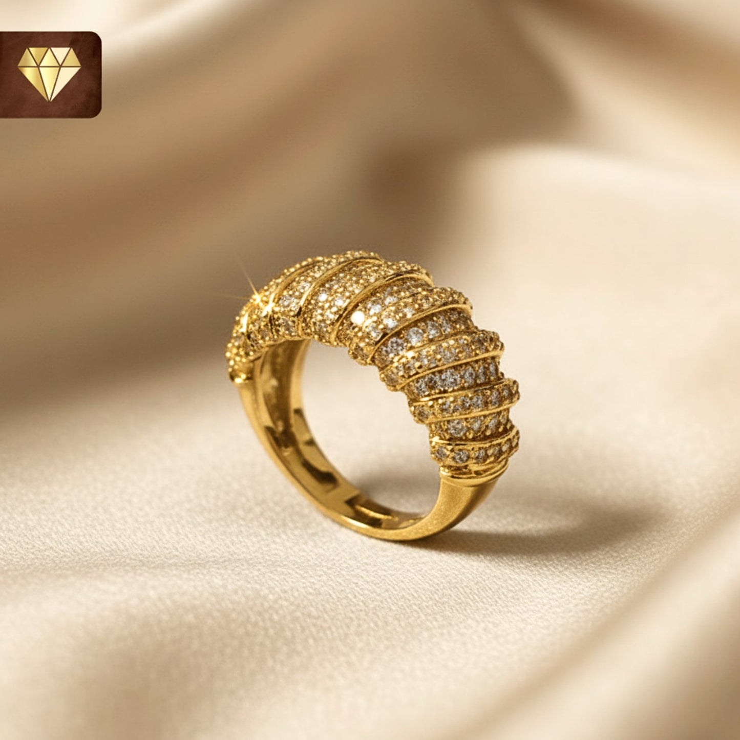 Gold-plated dome cocktail finger ring with layered AD (American Diamond) CZ stones for women