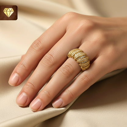 Gold-plated dome cocktail finger ring with layered AD (American Diamond) CZ stones for women