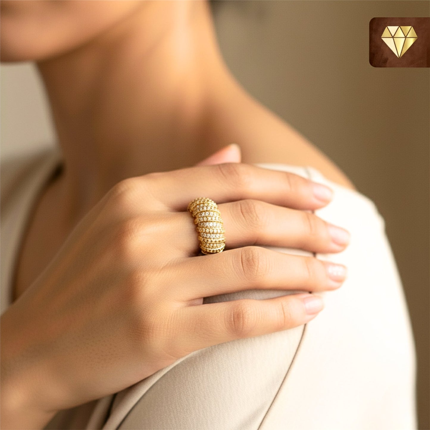 Gold-plated dome cocktail finger ring with layered AD (American Diamond) CZ stones for women