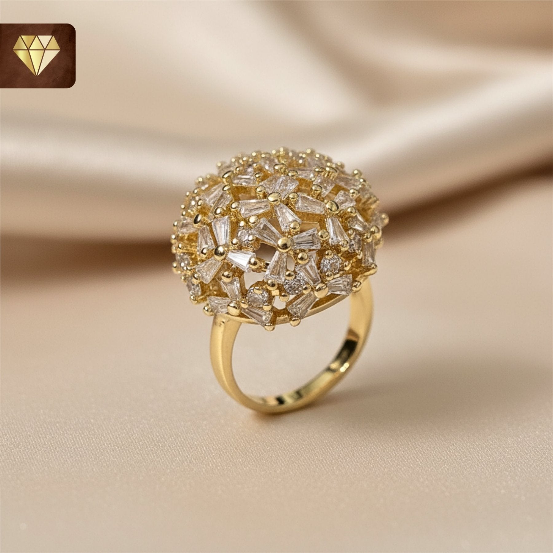 Gold-plated dome cocktail finger ring with floral cluster design and AD (American Diamond) CZ stones for women