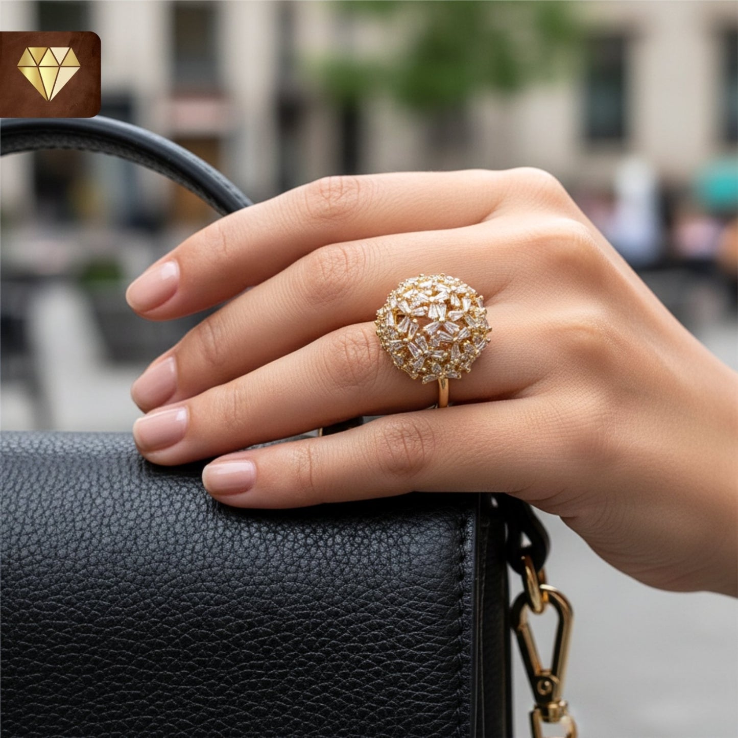 Gold-plated dome cocktail finger ring with floral cluster design and AD (American Diamond) CZ stones for women