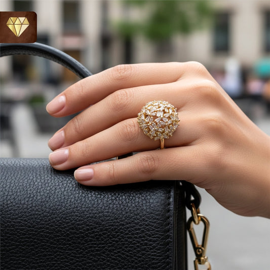 Gold-plated dome cocktail finger ring with floral cluster design and AD (American Diamond) CZ stones for women