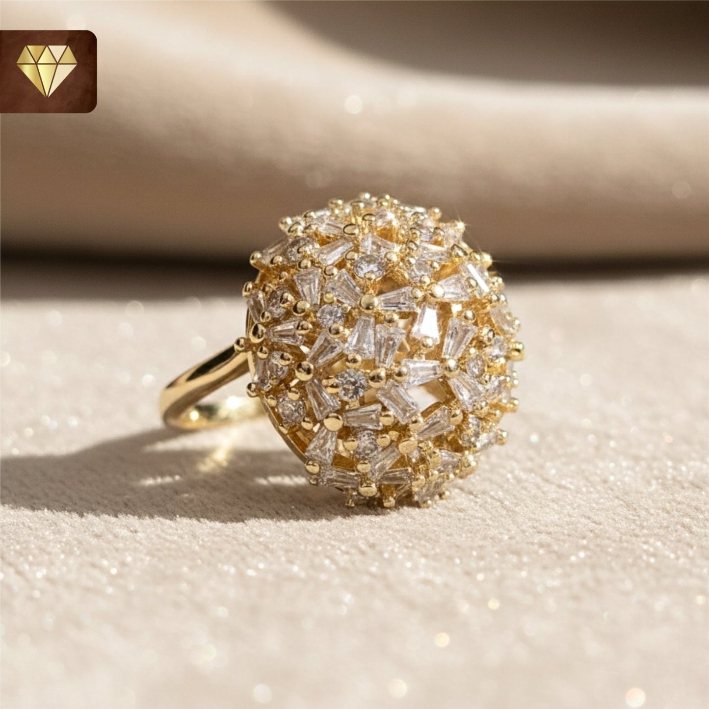Gold-plated dome cocktail finger ring with floral cluster design and AD (American Diamond) CZ stones for women