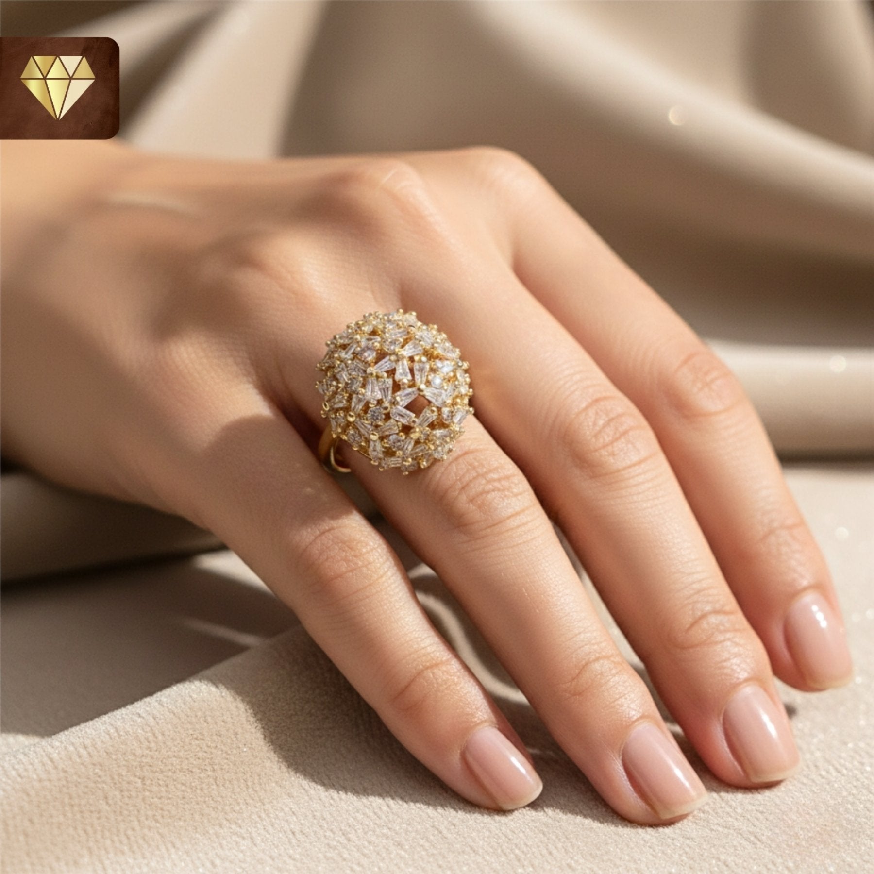 Gold-plated dome cocktail finger ring with floral cluster design and AD (American Diamond) CZ stones for women