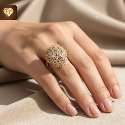 Gold-plated dome cocktail finger ring with floral cluster design and AD (American Diamond) CZ stones for women