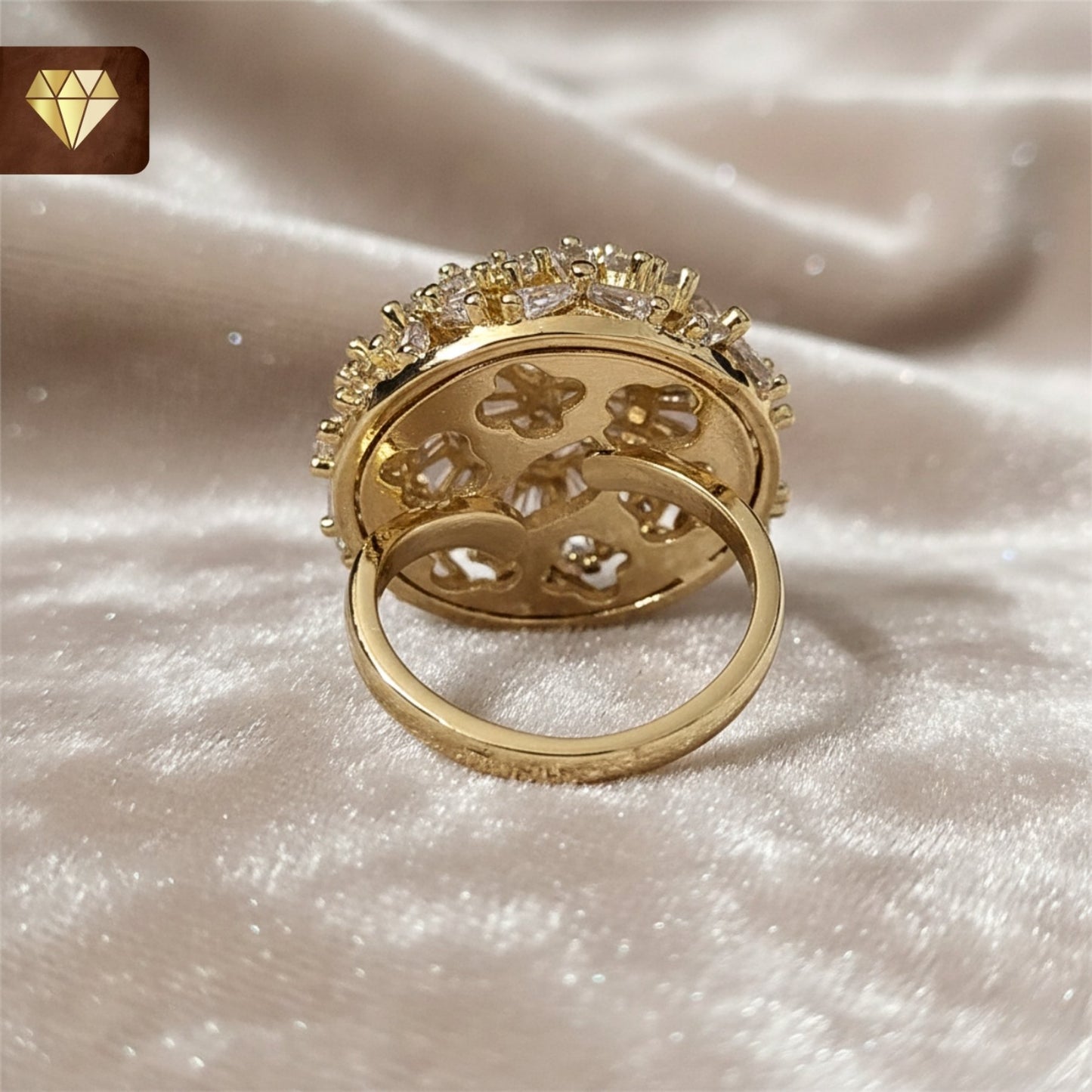 Gold-plated dome cocktail finger ring with floral cluster design and AD (American Diamond) CZ stones for women