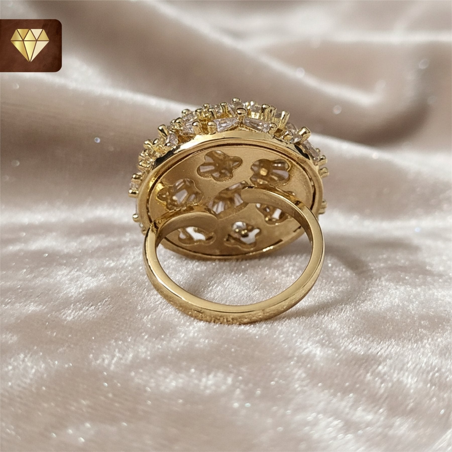 Gold-plated dome cocktail finger ring with floral cluster design and AD (American Diamond) CZ stones for women