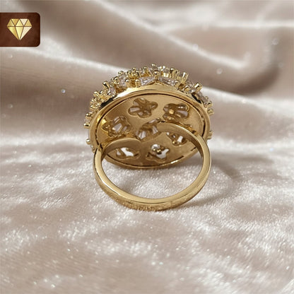 Gold-plated dome cocktail finger ring with floral cluster design and AD (American Diamond) CZ stones for women