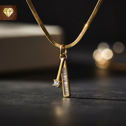 Gold-plated geometric bar pendant necklace with solitaire and baguette AD (American Diamond) CZ stones for women