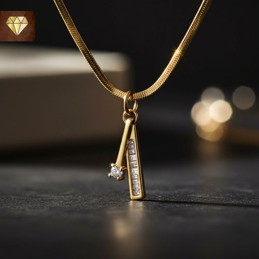 Gold-plated geometric bar pendant necklace with solitaire and baguette AD (American Diamond) CZ stones for women