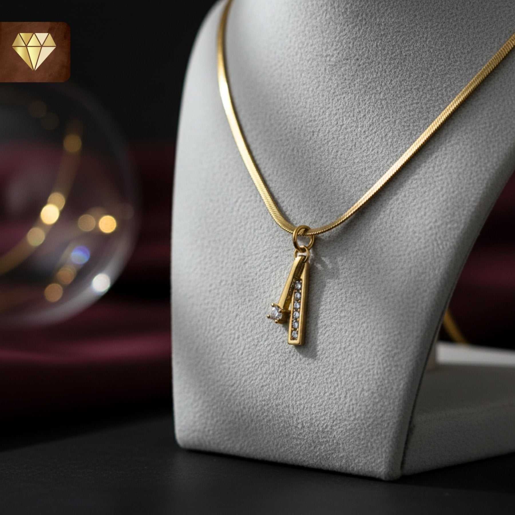 Gold-plated geometric bar pendant necklace with solitaire and baguette AD (American Diamond) CZ stones for women