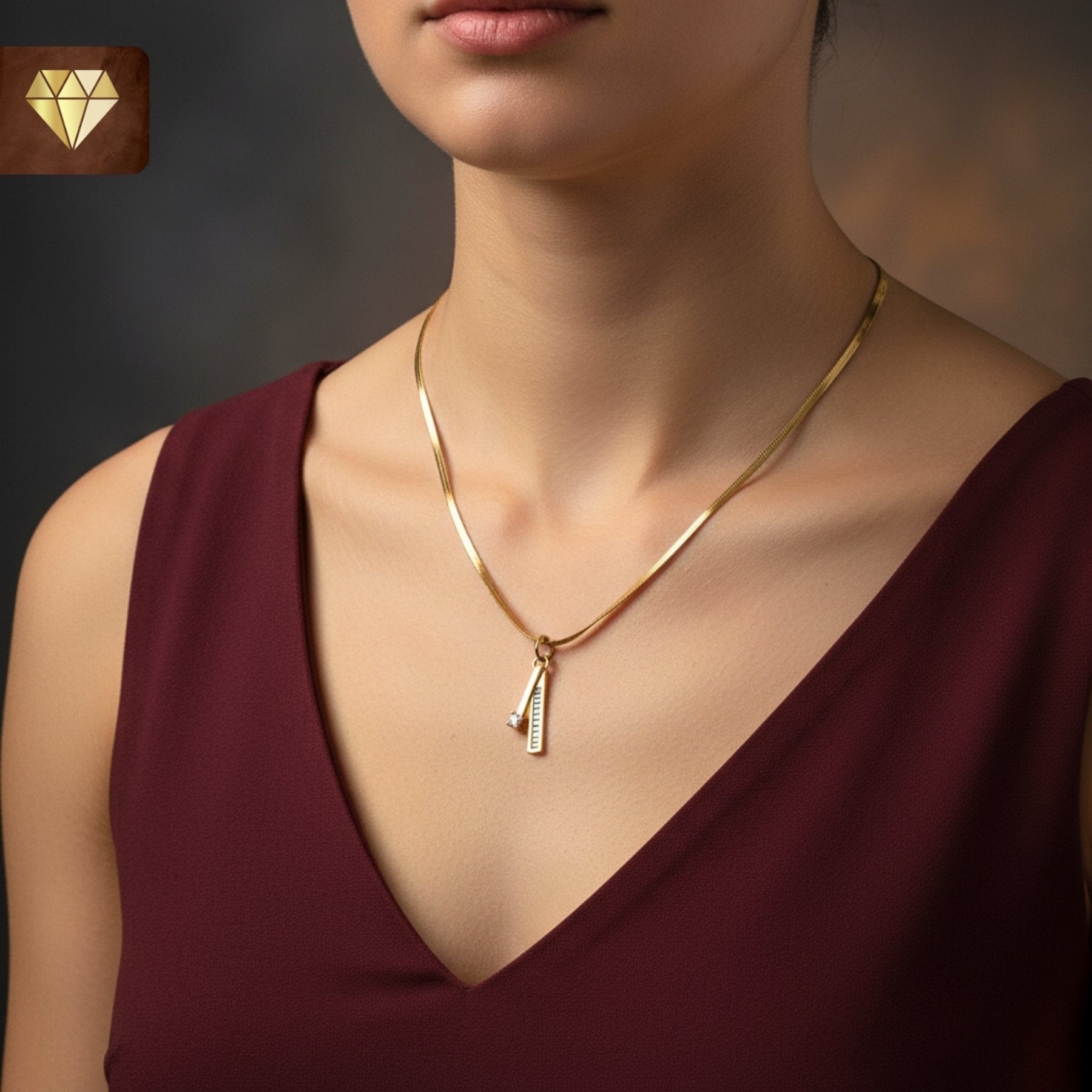 Gold-plated geometric bar pendant necklace with solitaire and baguette AD (American Diamond) CZ stones for women