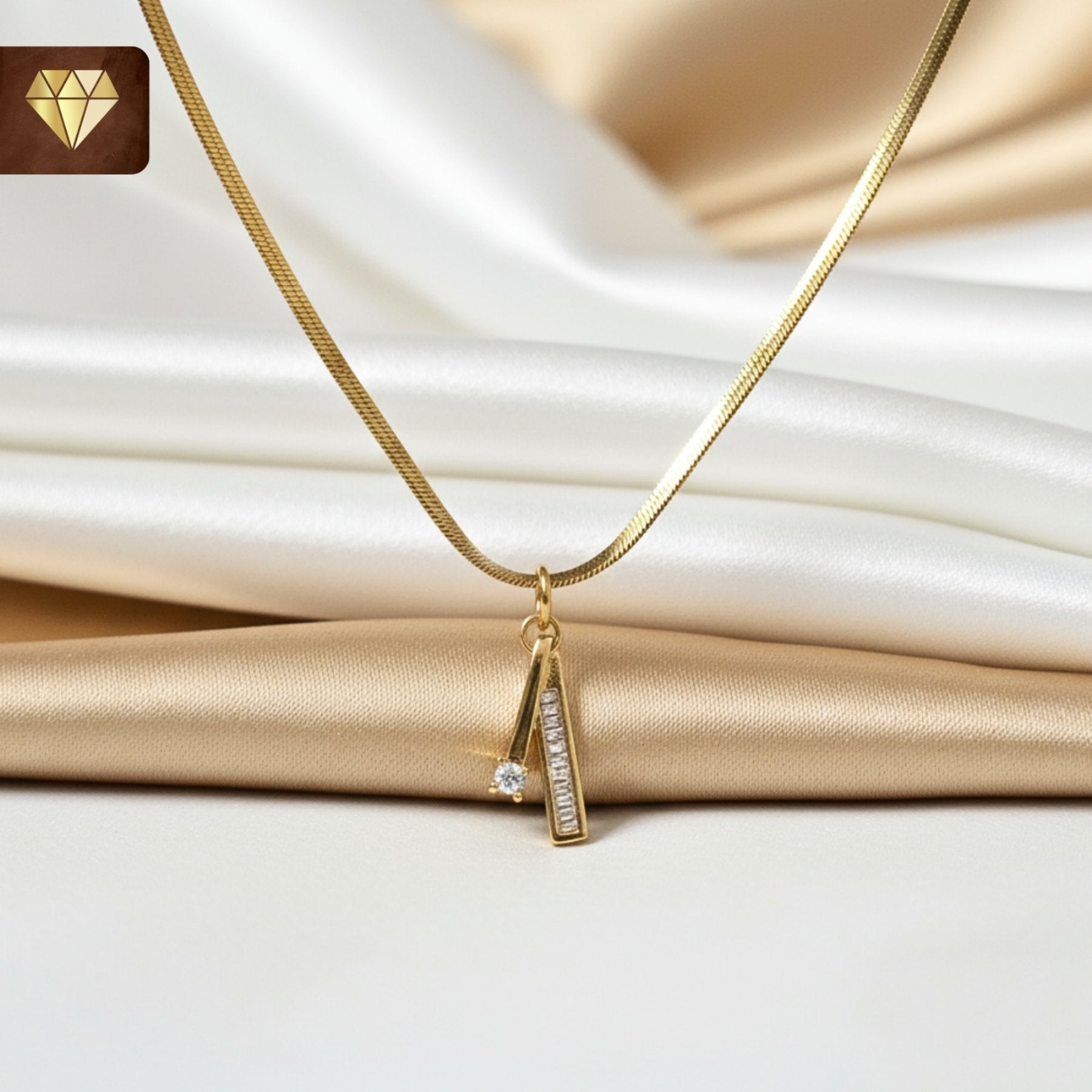 Gold-plated geometric bar pendant necklace with solitaire and baguette AD (American Diamond) CZ stones for women