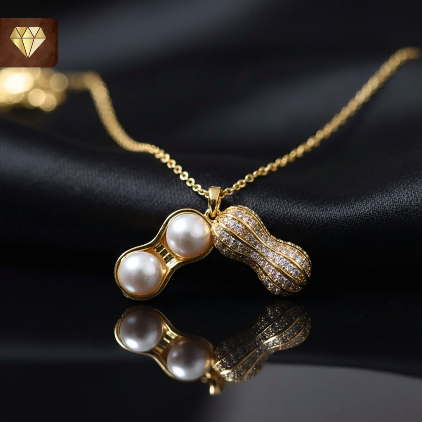 Gold-plated peanut pendant necklace with pearls and AD (American Diamond) CZ stones for women