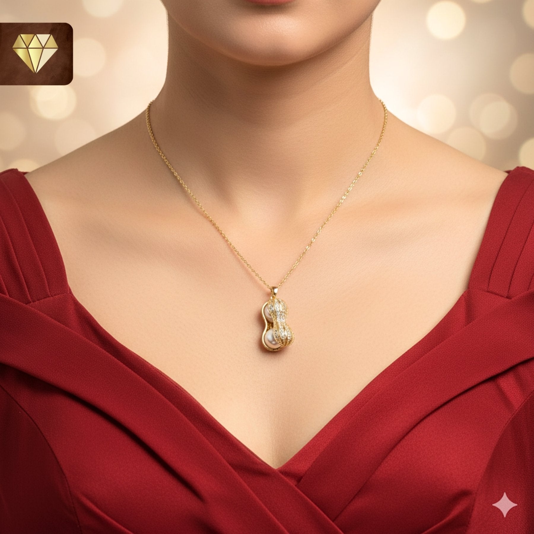 Gold-plated peanut pendant necklace with pearls and AD (American Diamond) CZ stones for women