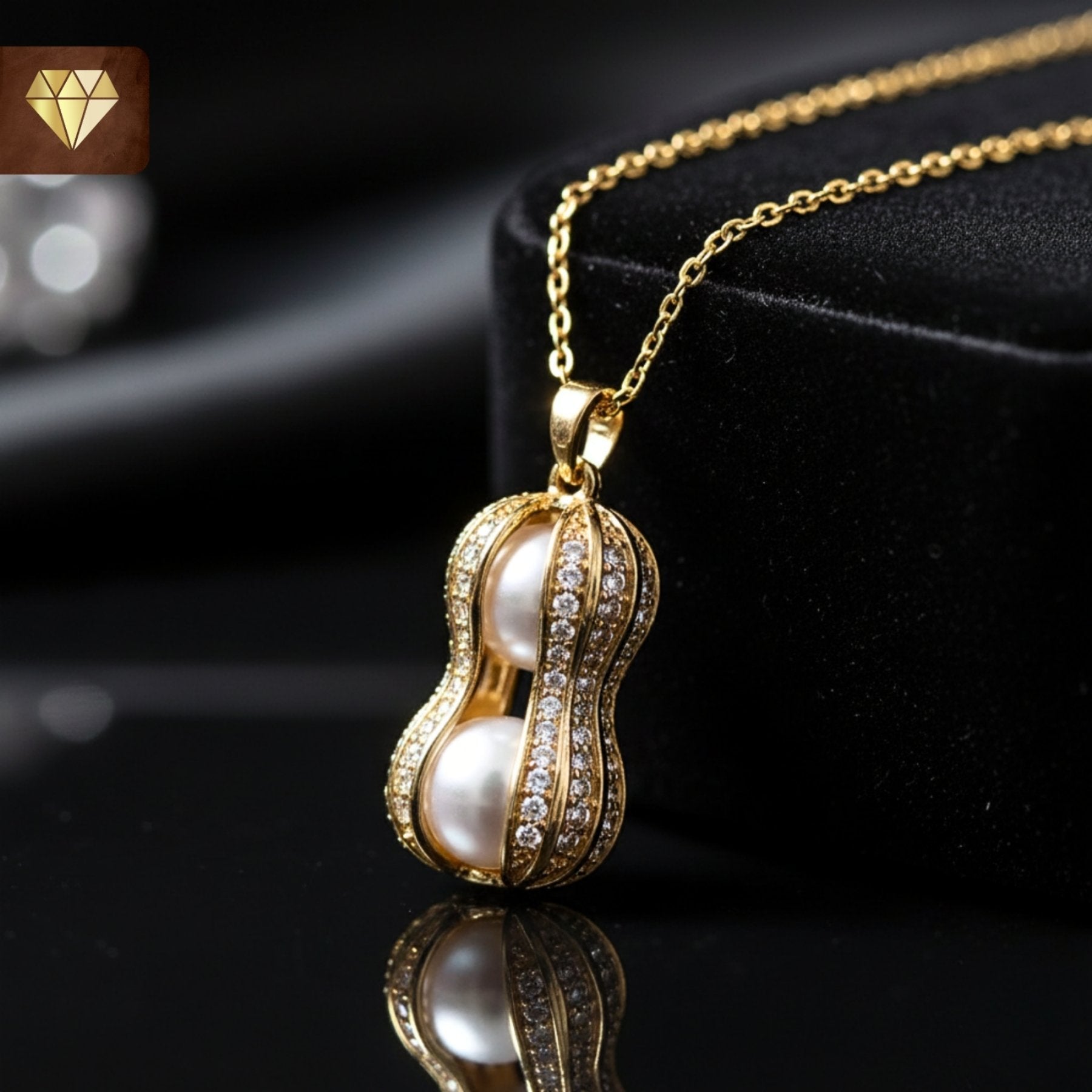 Gold-plated peanut pendant necklace with pearls and AD (American Diamond) CZ stones for women