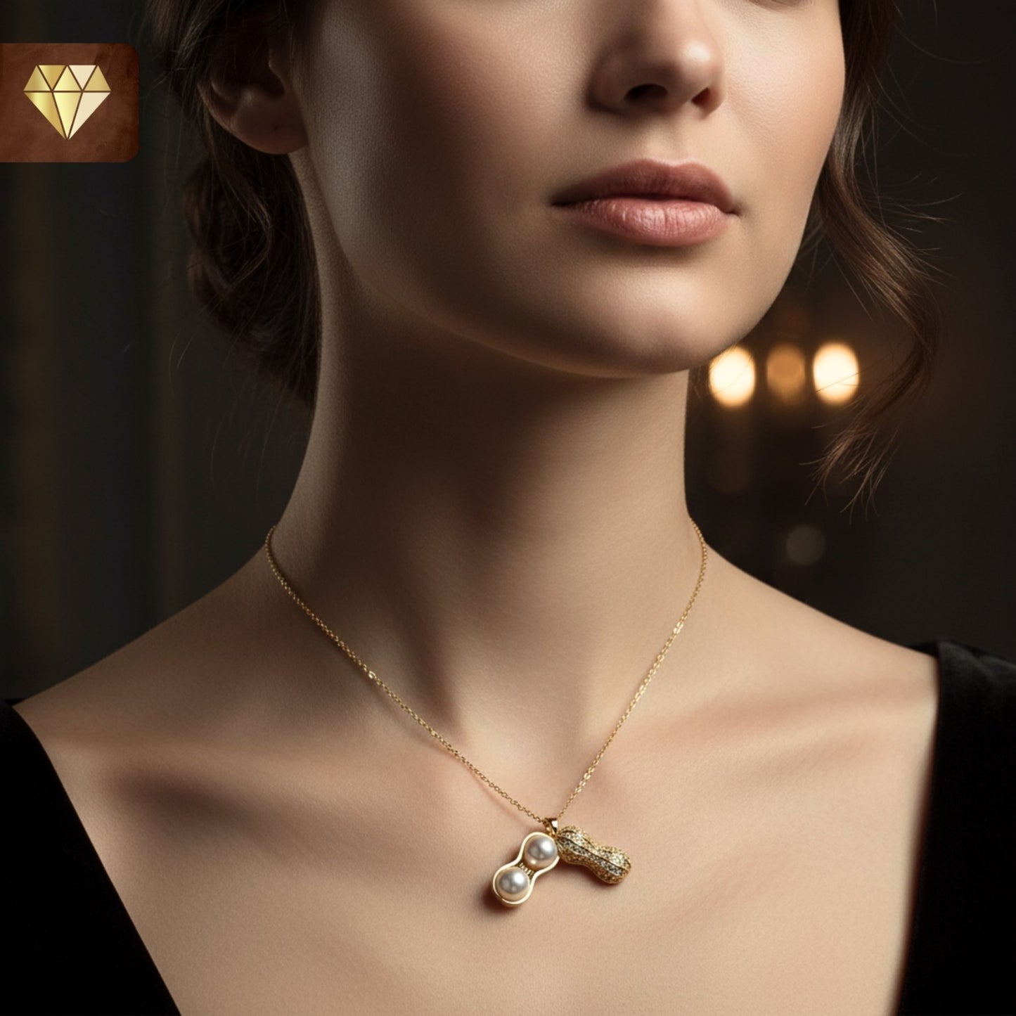 Gold-plated peanut pendant necklace with pearls and AD (American Diamond) CZ stones for women