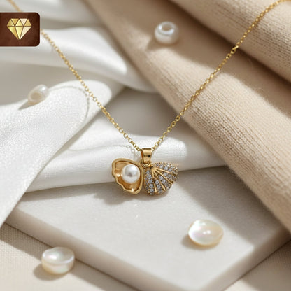 Gold-plated pearl shell pendant necklace with AD (American Diamond) CZ stones for women