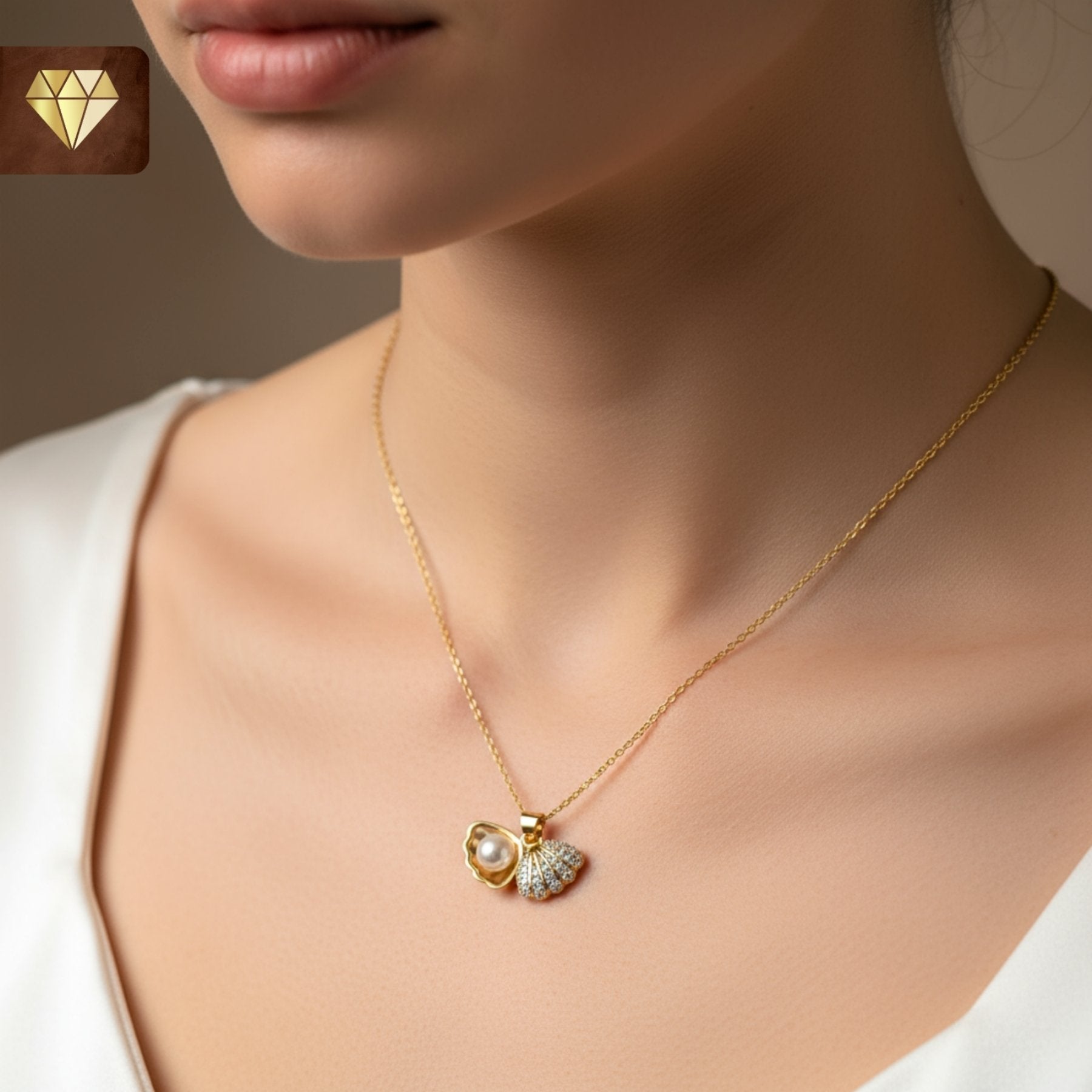 Gold-plated pearl shell pendant necklace with AD (American Diamond) CZ stones for women