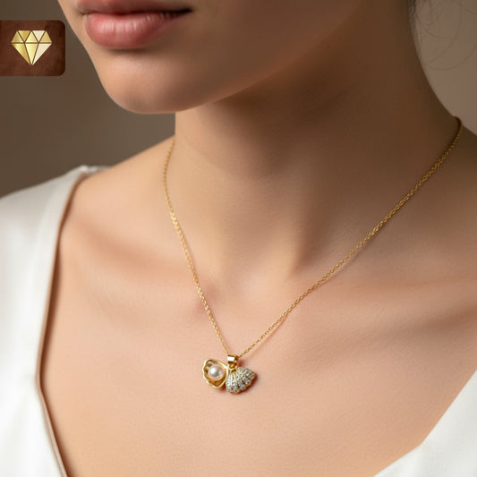 Gold-plated pearl shell pendant necklace with AD (American Diamond) CZ stones for women