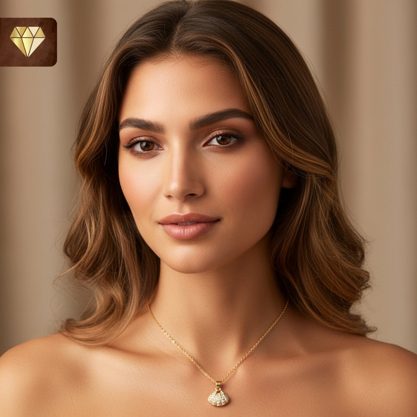 Gold-plated pearl shell pendant necklace with AD (American Diamond) CZ stones for women