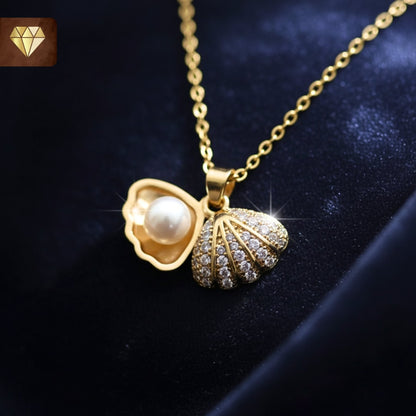 Gold-plated pearl shell pendant necklace with AD (American Diamond) CZ stones for women