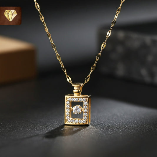Gold-plated perfume bottle pendant necklace with solitaire and AD (American Diamond) CZ stones for women