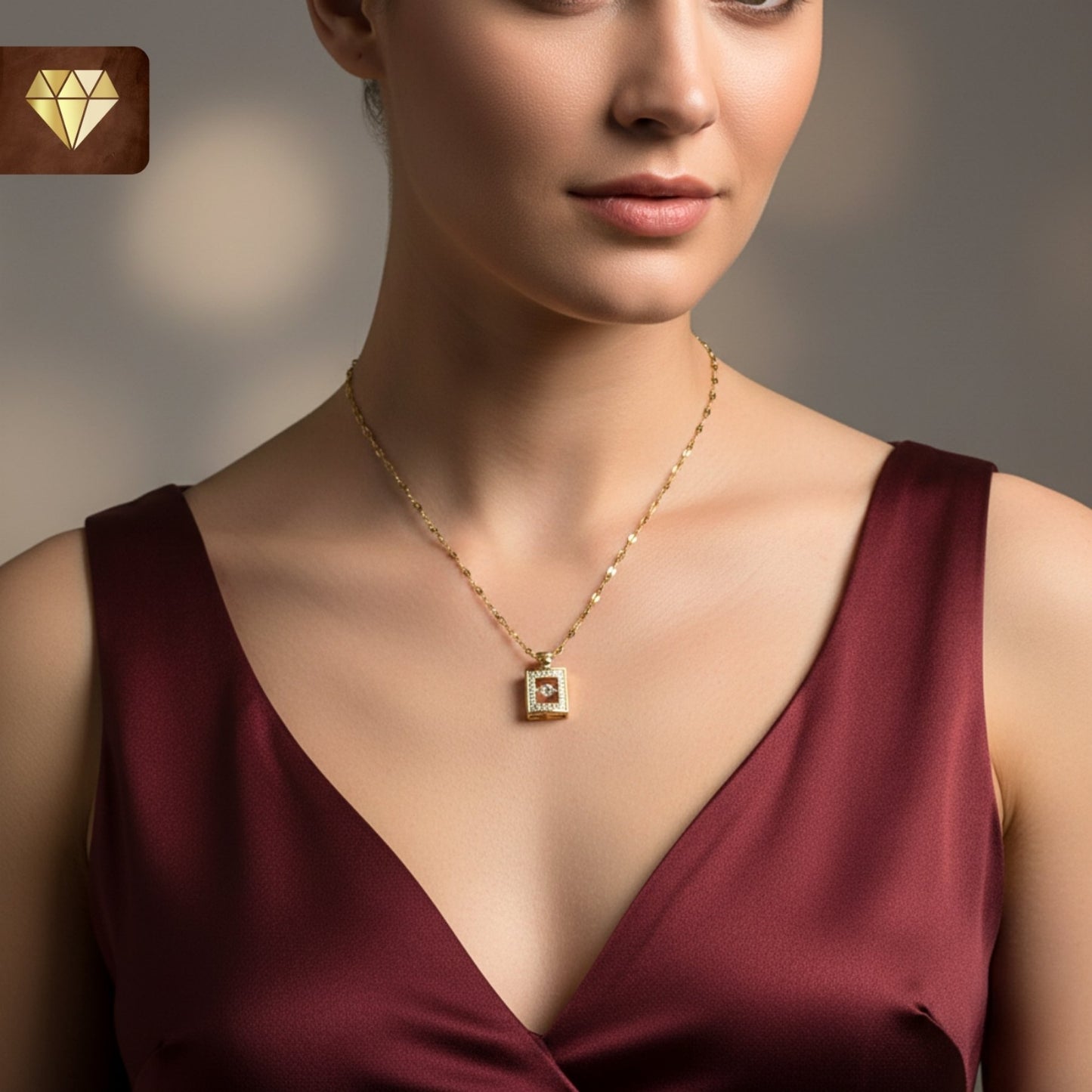 Gold-plated perfume bottle pendant necklace with solitaire and AD (American Diamond) CZ stones for women