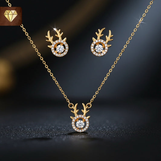 Gold-plated reindeer pendant necklace with matching earrings set studded with AD (American Diamond) CZ stones for women