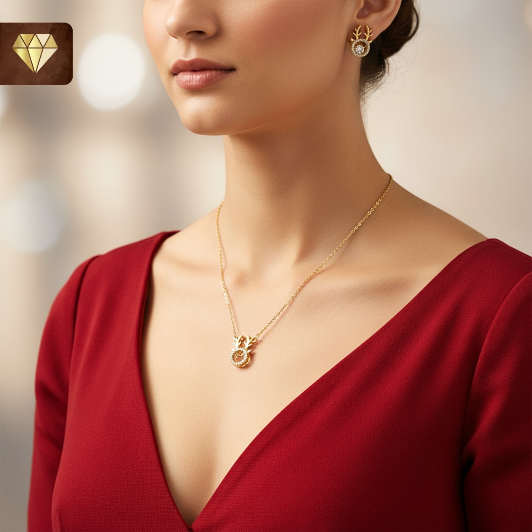 Gold-plated reindeer pendant necklace with matching earrings set studded with AD (American Diamond) CZ stones for women