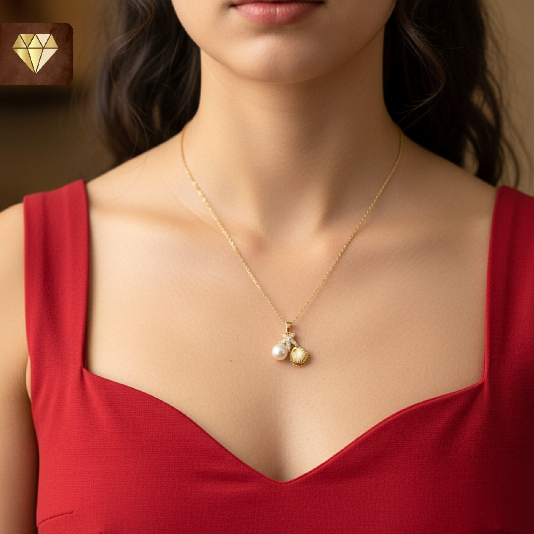 Gold-plated ocean charm pendant necklace with starfish, shell and pearl CZ stones for women