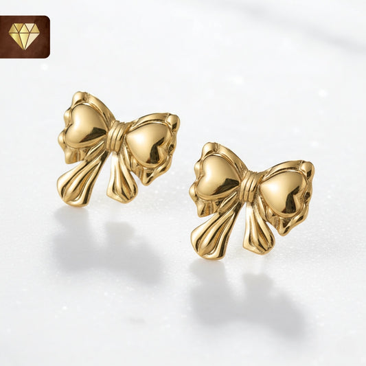 Gold-plated bow knot stud earrings with ribbon design – cute daily wear jewelry for women