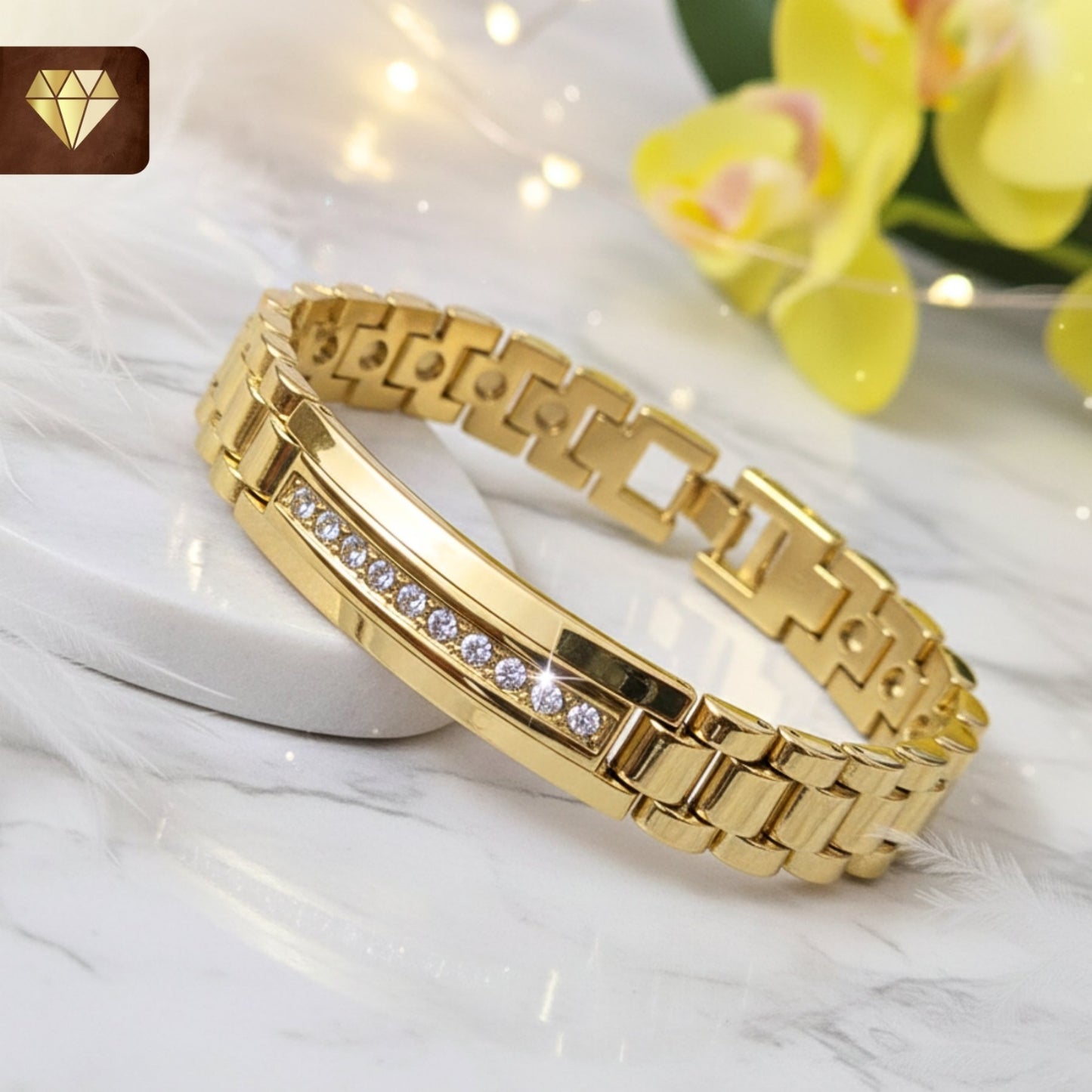 Gold-plated men’s chain link bracelet with CZ stone-studded bar – luxury-inspired jewelry