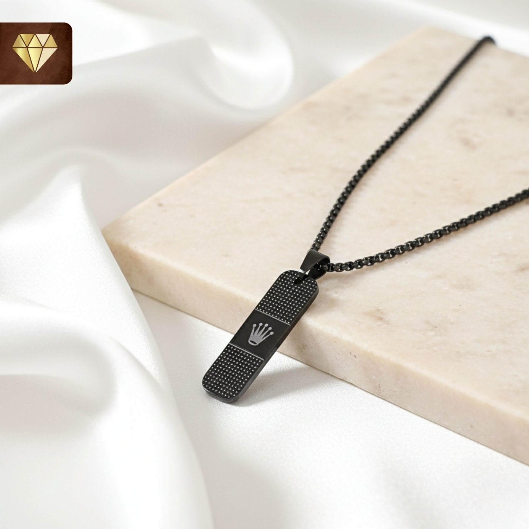 Men’s black rectangular pendant chain necklace with crown engraving – luxury minimalist jewelry