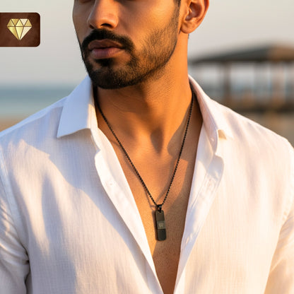 Men’s black rectangular pendant chain necklace with crown engraving – luxury minimalist jewelry