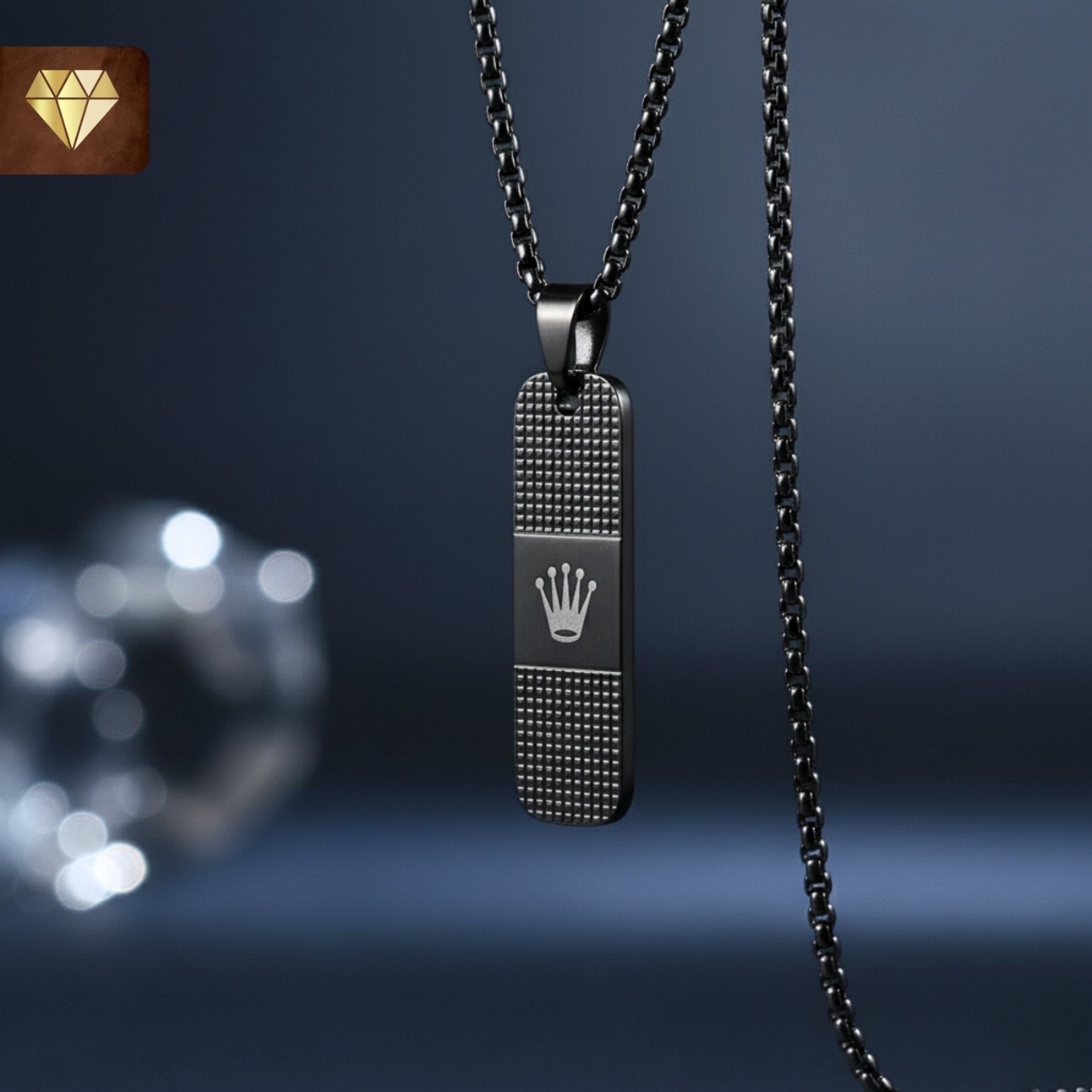 Men’s black rectangular pendant chain necklace with crown engraving – luxury minimalist jewelry