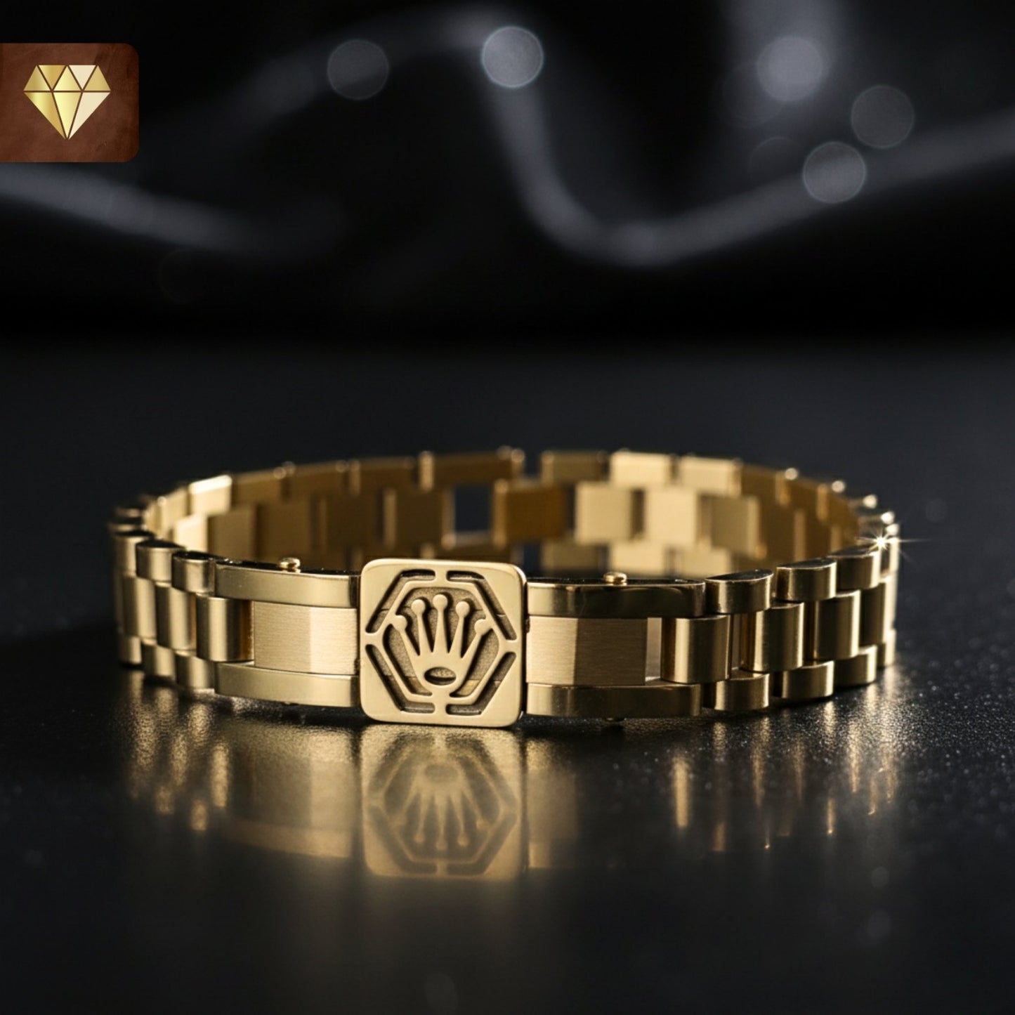 Men’s luxury gold watch-link bracelet with emblem centerpiece – premium fashion jewelry