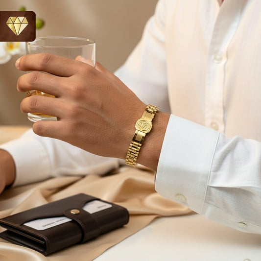 Men’s luxury gold watch-link bracelet with emblem centerpiece – premium fashion jewelry