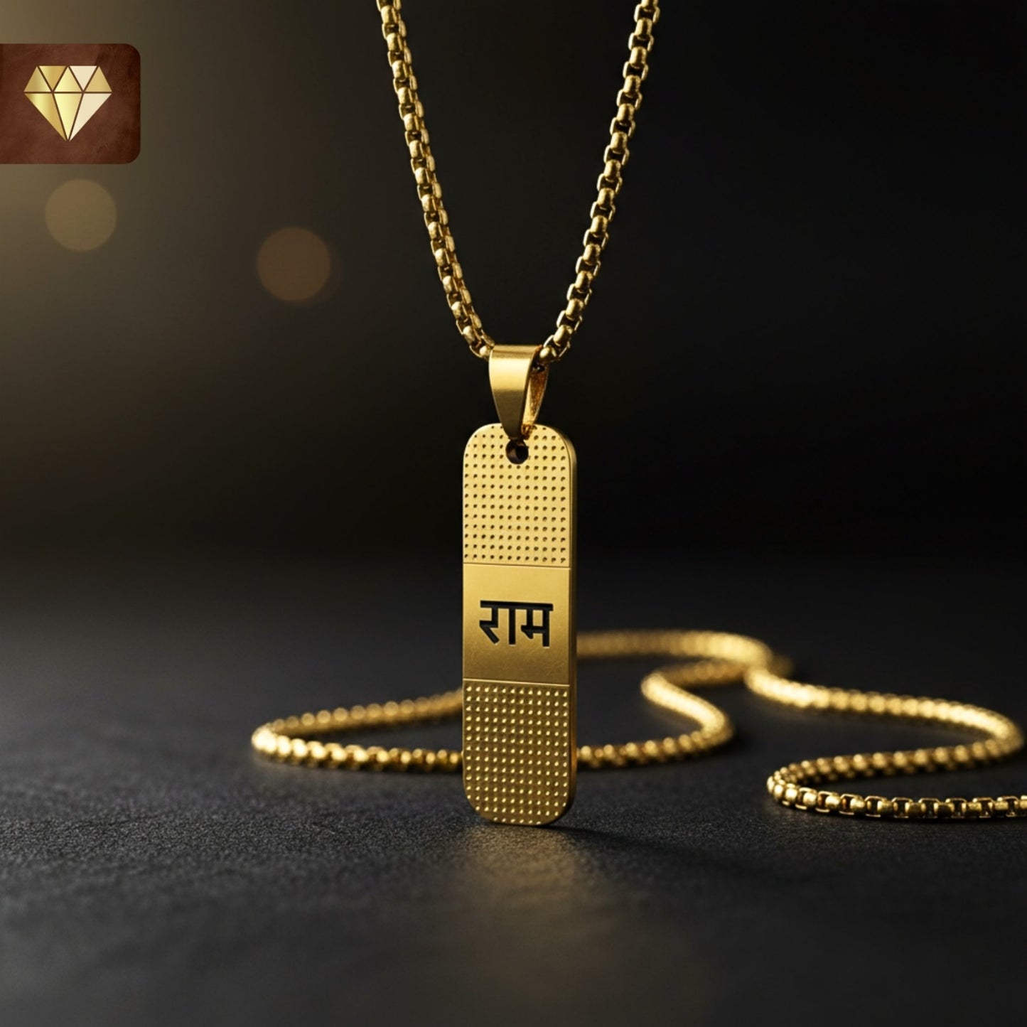 Men’s Ram engraved rectangular gold pendant chain necklace – devotional spiritual jewelry