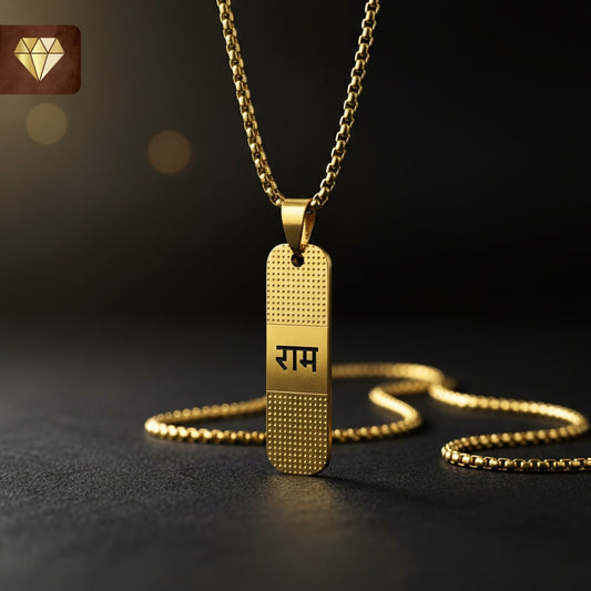 Men’s Ram engraved rectangular gold pendant chain necklace – devotional spiritual jewelry