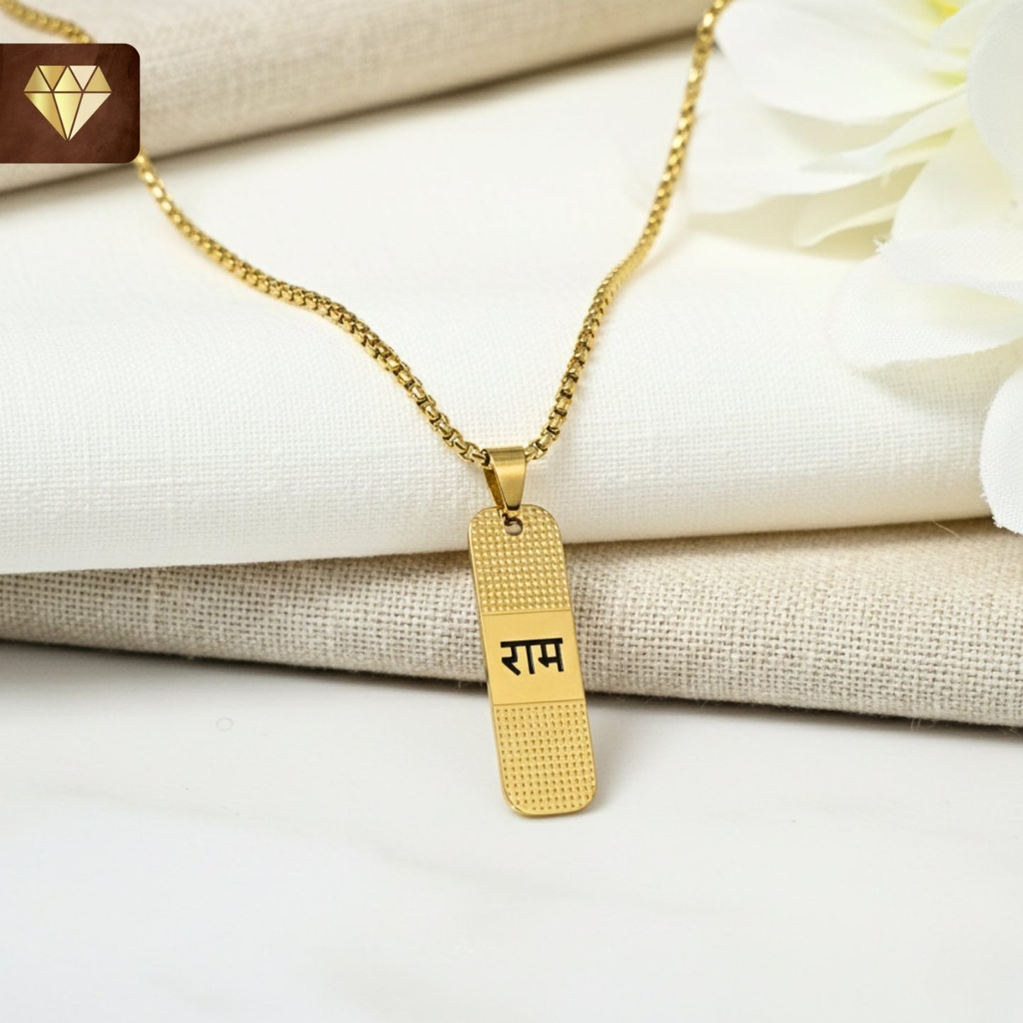 Men’s Ram engraved rectangular gold pendant chain necklace – devotional spiritual jewelry