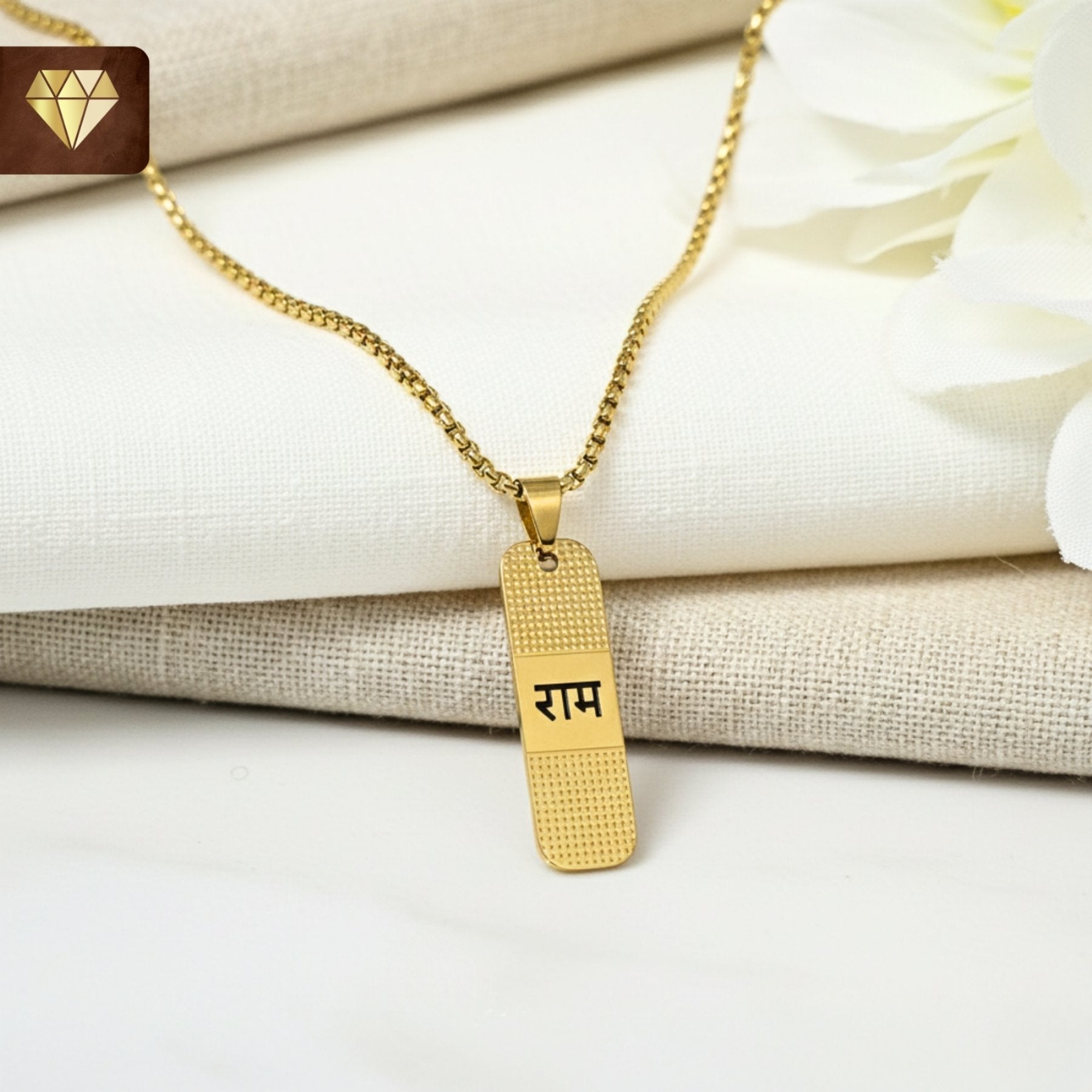Men’s Ram engraved rectangular gold pendant chain necklace – devotional spiritual jewelry