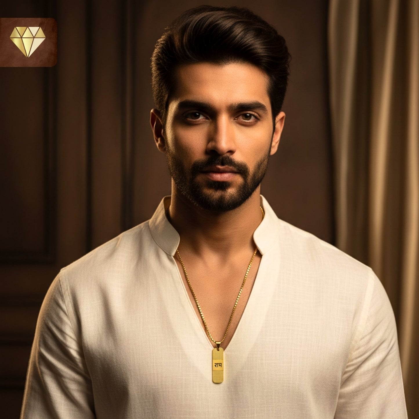 Men’s Ram engraved rectangular gold pendant chain necklace – devotional spiritual jewelry