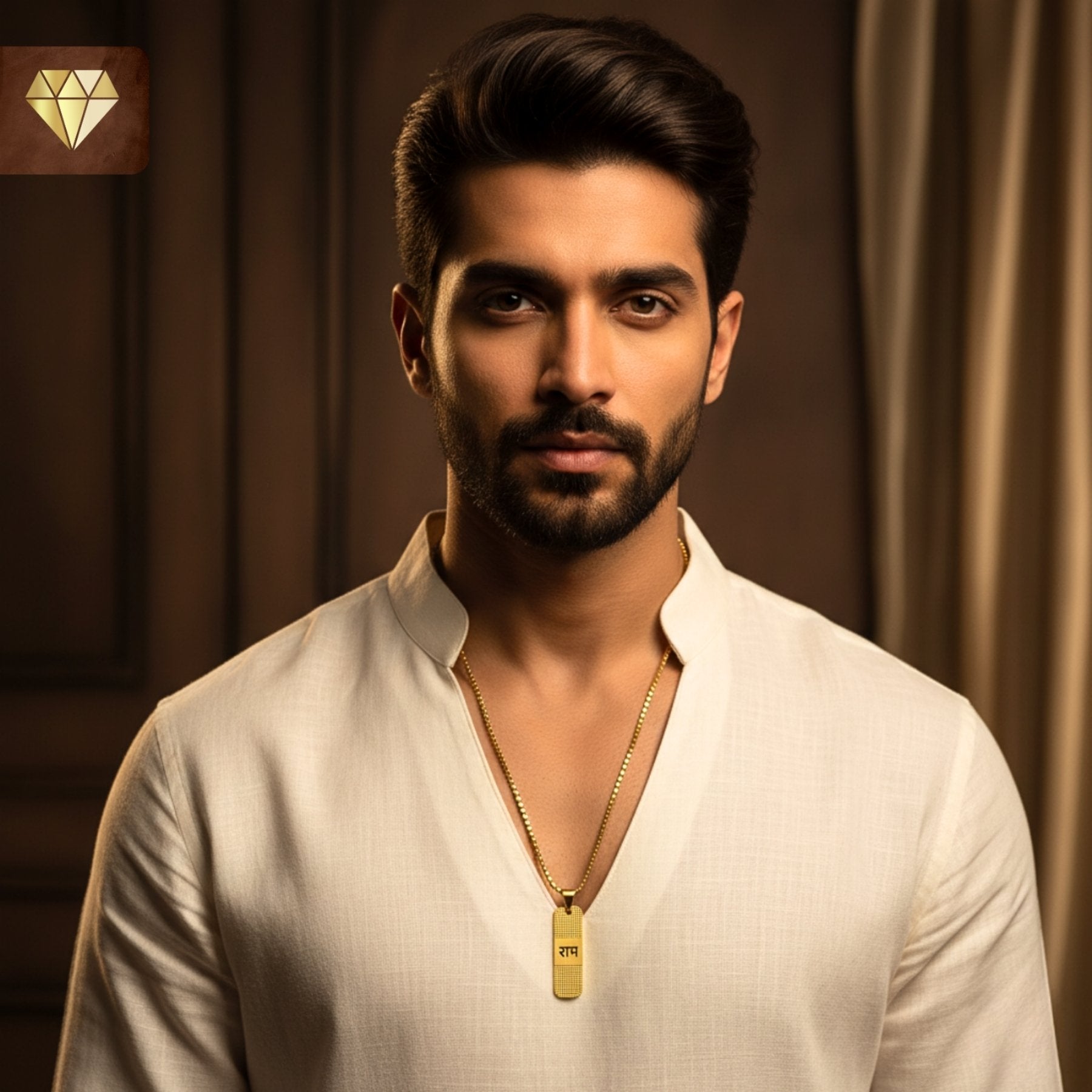 Men’s Ram engraved rectangular gold pendant chain necklace – devotional spiritual jewelry