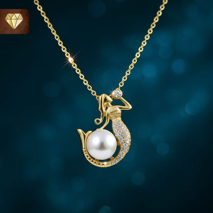 Gold-plated mermaid pendant necklace with pearl and sparkling cubic zirconia stones