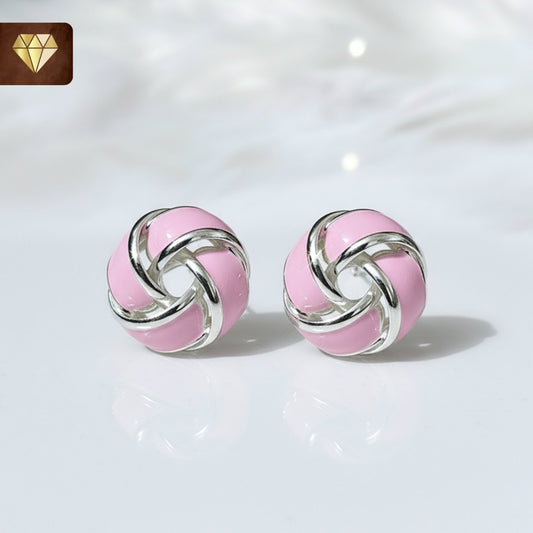 Silver-plated pink enamel knot stud earrings – vintage-inspired pastel jewelry for women
